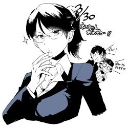 1girl 2boys :o ace_of_diamond baseball_cap baseball_uniform black_hair chibi dated glasses greyscale hand_up hat kusa_chuu lowres miyuki_kazuya monochrome multiple_boys sawamura_eijun sportswear takashima_rei upper_body