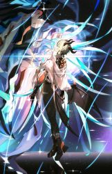 Rule 34 | 1boy, absurdres, bat wings, black background, blonde hair, blue background, boots, character request, eve (meltdown), closed eyes, full body, gloves, highres, honkai (series), honkai impact 3rd, horns, kosma, long sleeves, male focus, pants, pointy ears, short hair, wings
