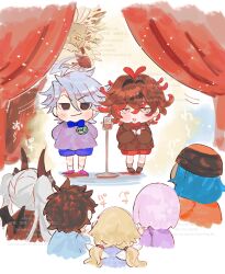 Rule 34 | absurdres, angel wings, arms behind back, ashoka (fate), beard, black eyes, black hair, black shirt, black shoes, black turban, blonde hair, blue hair, blue shirt, blush, chibi, chibi only, colored extremities, colored inner hair, curly hair, curtains, dante alighieri (fate), dark-skinned male, dark skin, demon girl, demon horns, demon wings, facial hair, fate/grand order, fate (series), feathered wings, fujimaru ritsuka (male), full beard, grey eyes, grey hair, hair around horn, hair between eyes, hair on horn, highres, horns, indian clothes, james moriarty (ruler) (fate), jeanne d&#039;arc (fate), lightning ahoge, lilith (fate), long hair, long sleeves, looking at viewer, mash kyrielight, metatron jeanne (fate), microphone, microphone stand, multicolored hair, multiple boys, multiple girls, mustache, no eyebrows, open mouth, own hands together, pink shoes, ptolemy (fate), ptolemy (third ascension) (fate), purple hair, purple shirt, red hair, red shirt, shirt, shoes, short hair, smile, stage, stage curtains, sugomori tsuru (hana tsuru wo), thick beard, thick mustache, trinity metatronius (fate/grand order), turban, twintails, two-tone hair, very long hair, watermark, white facial hair, white hair, white wings, wings, yellow eyes