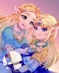 2girls armor bead_necklace beads black_gloves blonde_hair blue_dress blue_eyes blue_gemstone bracer chichi_band closed_mouth commentary_request dress dual_persona dutch_angle fingerless_gloves gem gloves green_eyes hair_ornament hairclip hug jewelry long_hair multiple_girls necklace nintendo official_alternate_color open_mouth pointy_ears princess princess_zelda short_sleeves shoulder_armor smile super_smash_bros. super_smash_bros._logo the_legend_of_zelda the_legend_of_zelda:_a_link_between_worlds the_legend_of_zelda:_breath_of_the_wild thick_eyebrows tiara upper_body