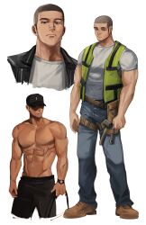 1boy abs absurdres bag bandaid bandaid_on_face bandaid_on_nose bara baseball_cap biceps black_hair black_headwear black_jacket black_shorts boots brk_603 brown_footwear buzz_cut cropped_legs cropped_shoulders denim facial_hair facial_scar full_body hammer hat high-visibility_clothing high-visibility_vest highres jacket jeans large_pectorals leather leather_jacket male_focus multiple_views muscular muscular_male open_clothes open_jacket original pants pectorals scar scar_on_cheek scar_on_face shirt short_hair shorts sideburns simple_background stubble tool_belt tools topless_male very_short_hair vest watch white_background white_shirt wristwatch