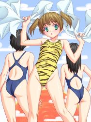 3girls animal_print ass back brown_hair clothes_writing competition_swimsuit flat_chest green_eyes highleg highleg_one-piece_swimsuit miyama_amehiko multiple_girls one-piece_swimsuit swimsuit tiger_print twintails yellow_one-piece_swimsuit
