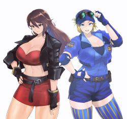 2girls absurdres anagumasan belt black_gloves black_jacket blaze_fielding blonde_hair blue_eyes blue_gloves blue_shirt blue_shorts breasts brown_eyes brown_hair capcom cleavage cowboy_shot earrings eyewear_on_headwear final_fight fingerless_gloves gloves hand_on_own_hip highres hoop_earrings jacket jewelry large_breasts long_hair lucia_morgan midriff multiple_girls navel police police_badge police_uniform policewoman red_skirt sega shadow shirt shirt_tucked_in short_sleeves shorts simple_background skirt street_fighter street_fighter_v streets_of_rage streets_of_rage_4 thighhighs white_background