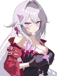 1girl aquamarine725 black_gloves breasts bright_pupils choker cleavage closed_mouth dress gloves grabbing_own_breast grey_choker grey_hair highres honkai_(series) honkai_impact_3rd large_breasts long_hair next_time_you&#039;re_getting_this_(meme) pink_eyes red_dress simple_background solo thelema_nutriscu thelema_nutriscu_(mad_pleasure:_shadowbringer) upper_body very_long_hair white_background white_pupils