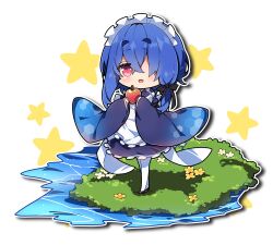 1girl :d apple apron black_bow black_shoes blue_flower blue_kimono blush bow breasts commentary_request flower food frilled_apron frills fruit hair_bow hair_over_one_eye highres holding holding_food holding_fruit japanese_clothes kimono large_breasts long_hair long_sleeves maid maid_apron maid_headdress milkpanda open_mouth original outline pantyhose red_eyes shoes short_eyebrows sleeves_past_wrists smile solo standing star_(symbol) thick_eyebrows wa_maid water white_apron white_flower white_outline white_pantyhose wide_sleeves yellow_flower