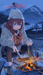 1girl absurdres animal_ear_headwear animal_ears beanie black_pantyhose black_sweater blue_archive blue_eyes blue_shorts blush boots braided_twintails breath bright_pupils brown_coat brown_hat campfire camping camping_chair chair chinese_commentary coal coat commentary_request cooking cup fake_animal_ears fanshuimucishen fire folding_chair food grilling hair_between_eyes halo hat highres holding holding_knife holding_tongs hood hood_down hooded_coat knife lace-up_boots layered_clothes long_hair long_sleeves looking_down maki_(blue_archive) maki_(camp)_(blue_archive) making-of_available meat mountain mug multicolored_eyes night official_alternate_costume official_alternate_hairstyle on_chair open_clothes open_coat open_mouth outdoors pantyhose puffy_long_sleeves puffy_sleeves red_hair red_halo red_sweater river shorts sidelocks sitting skewer smile solo steak sweater tongs two-tone_eyes white_pupils