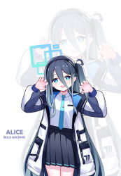 1girl :d absurdres aqua_eyes aqua_halo aqua_necktie aris_(blue_archive) black_hairband black_skirt blue_archive blue_jacket bright_pupils character_name chinese_commentary claw_pose collared_shirt commentary_request copyright_name cowboy_shot double-parted_bangs grey_hair hair_between_eyes hairband halo highres jacket light_blush long_bangs long_hair long_hair_between_eyes long_sidelocks long_sleeves looking_at_viewer multicolored_jacket necktie one_side_up open_clothes open_jacket open_mouth pleated_skirt pocket puffy_long_sleeves puffy_sleeves rectangular_halo ringed_eyes school_uniform shirt shirt_tucked_in sidelocks simple_background skirt smile solo straight-on teeth tie_clip two-sided_fabric two-sided_jacket upper_teeth_only very_long_hair white_background white_jacket white_pupils white_shirt wuyin zoom_layer
