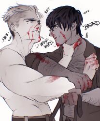 2boys arm_hair arms_up belt belt_pull biceps black_belt black_hair black_shirt blood blood_on_face blood_on_hands character_name chest_hair clothes_pull collarbone collared_shirt commentary cowboy_shot dark-skinned_male dark_skin english_text eye_contact from_side groin hair_between_eyes hair_slicked_back hairy hand_in_another&#039;s_clothes hand_on_another&#039;s_neck highres looking_at_another male_focus millions_knives multiple_boys nebulousvega nicholas_d._wolfwood nosebleed pants parted_lips profile puff_of_air pulling_another&#039;s_clothes shirt sleeves_rolled_up smile spot_color teeth topless_male trigun trigun_stampede yaoi
