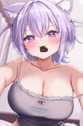 1girl :3 animal_ears blush breasts camisole candy cat_cutout cat_ears cat_girl chocolate chocolate_heart cleavage cleavage_cutout closed_mouth clothing_cutout collarbone food grey_camisole heart heart-shaped_food heart_in_eye highres hololive huge_breasts medium_hair mouth_hold nekomata_okayu purple_eyes purple_hair reityana smile solo strap_lift symbol_in_eye two_side_up virtual_youtuber