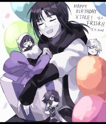 1girl 2021 3boys :3 :d ^_^ alternate_universe balloon black_gloves black_hair black_hood black_mask black_pants black_scarf black_sclera black_shirt black_trim bow brothers chara_(undertale) character_name closed_eyes colored_sclera colored_skin commentary cowboy_shot dated elbow_rest english_commentary extra_eyes facial_hair fingerless_gloves frisk_(undertale) gift gloves hair_over_one_eye happy_birthday highres holding holding_gift hood hood_down hooded_jacket jacket letterboxed long_hair long_sleeves looking_at_viewer low_ponytail male_focus mettaton mettaton_ex muffet multiple_boys one_eye_covered open_clothes open_jacket open_mouth pants ponytail puffy_long_sleeves puffy_sleeves purple_bow ruannu scar scar_across_eye scar_on_face scarf shirt siblings sidelocks simple_background sitting smile solo_focus turtleneck turtleneck_shirt u_u undertale white_background white_eyes white_hair white_jacket white_skin xtale