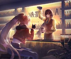 2girls absurdres apron bar_(place) bartender black_apron black_gloves blonde_hair blue_necktie bottle braid brown_hair brown_vest cup dionysianlunar drinking_glass eyepatch fingerless_gloves fur-trimmed_jacket fur_trim girls&#039;_frontline girls&#039;_frontline_neural_cloud gloves highres holding_cocktail_shaker jacket long_hair long_sleeves m16a1_(fairy_kingdom_brew)_(girls&#039;_frontline) m16a1_(girls&#039;_frontline) multicolored_hair multiple_girls necktie open_clothes orange_jacket ponytail shirt smile sol_(neural_cloud) va-11_hall-a vest wine_bottle wine_glass yellow_shirt
