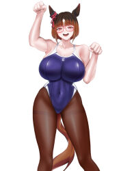 Rule 34 | 1girl, animal ears, black pantyhose, blush, breasts, brown hair, commentary request, covered navel, ear ornament, glasses, hakase yurisuki, highleg, highres, horse ears, horse girl, large breasts, looking at viewer, multicolored hair, open mouth, pantyhose, pantyhose under swimsuit, paw pose, red-framed eyewear, red eyes, short hair, simple background, solo, streaked hair, swimsuit, tail, transcend (umamusume), umamusume, white background, white hair