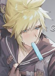 1boy adjusting_clothes black_sailor_collar blonde_hair blue_eyes bright_pupils brown_gloves chest_strap chinese_commentary cloud_strife cloud_strife_(maritime_sailor) commentary_request final_fantasy final_fantasy_vii final_fantasy_vii_ever_crisis fingerless_gloves food food_in_mouth gloves grey_background hot light_blush lily_(shio1006) looking_to_the_side male_focus melting_popsicle official_alternate_costume popsicle popsicle_in_mouth sailor sailor_collar short_hair solo_focus spiked_hair sweat upper_body