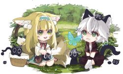 1boy 1girl :&lt; :d animal_ear_fluff animal_ears arknights basket black_cat black_gloves black_jacket black_pants blue_butterfly blunt_ends brown_footwear bug butterfly cardigan cat cat_boy cat_ears cat_tail chibi chinese_commentary commentary_request crossed_bangs crossover fox_ears fox_girl fox_tail gloves green_eyes green_skirt hair_between_eyes heixiu highres indian_style insect jacket kitsune kyuubi long_sleeves luo_xiaohei luo_xiaohei_zhanji mary_janes multiple_tails neck_ribbon official_alternate_costume on_grass open_mouth pants red_ribbon ribbon round_teeth shirt shoes sitting skirt smile socks suzuran_(arknights) suzuran_(spring_praise)_(arknights) tail teeth thick_eyebrows upper_teeth_only wariza white_cardigan white_shirt white_socks wuwr6