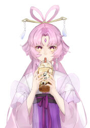 1girl 2rabbits absurdres alternate_costume bow-shaped_hair bubble_tea chinese_clothes commentary_request cup disposable_cup drinking drinking_straw drinking_straw_in_mouth feixianji_(hairstyle) forehead_jewel fu_xuan_(honkai:_star_rail) hair_ornament hair_rings hair_stick hanfu highres holding holding_cup honkai:_star_rail honkai_(series) long_hair looking_at_viewer low_twintails multicolored_eyes pink_hair pink_hanfu simple_background solo twintails two-tone_eyes upper_body very_long_hair white_background