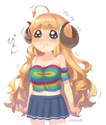 1girl ahoge anila_(granblue_fantasy) animal_crossing arms_at_sides bare_shoulders biting_own_lip cosplay cowboy_shot dom_(animal_crossing) dom_(animal_crossing)_(cosplay) granblue_fantasy harukaze_shizuru highres horns long_hair midriff nintendo pleated_skirt skirt solo tearing_up tie-dye translation_request trembling very_long_hair white_background