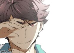 Rule 34 | 1boy, brown eyes, brown hair, collared shirt, haikyuu!!, hand over eye, kurot, looking at viewer, lowres, male focus, oikawa tooru (haikyuu!!), portrait, shirt, smile, solo, sweat, twitter username, white background