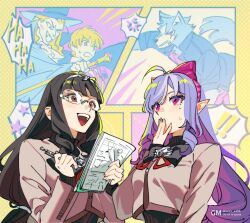 2girls ahoge black_hair bow_headband brown_jacket cropped_jacket glasses headband highres holding holding_paper holding_pencil jacket lilac_(zenless_zone_zero) long_hair multiple_girls paper pencil pink_eyes pink_headband pointy_ears purple_hair twitter_username upper_body vivian_(zenless_zone_zero) wolf_boy yotsuban zenless_zone_zero