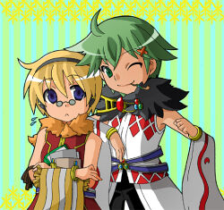 2boys ahoge animal animal_around_neck argyle_clothes argyle_shirt bangle black_pants blonde_hair blue_background blue_eyes book bracelet cape closed_mouth detached_sleeves deviruchi expressionless fox fur_collar glasses green_background green_eyes green_hair hair_ornament headphones holding holding_book jewelry kiseru looking_at_viewer male_focus monou0135 multiple_boys one_eye_closed pants pince-nez professor_(ragnarok_online) ragnarok_online red_shirt shirt short_hair sleeveless sleeveless_shirt smile smoking_pipe sorcerer_(ragnarok_online) striped_background striped_sleeves upper_body waist_cape white_cape white_shirt white_sleeves x_hair_ornament yellow_sleeves