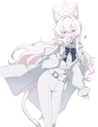 1girl absurdres akira_(blue_archive) animal_ear_fluff animal_ears belt black_choker blue_archive blue_bow blue_bowtie blush bow bowtie cape cat_ears cat_girl cat_tail choker gloves hai_(haihki) hair_between_eyes halo heart highres holding holding_mask long_hair long_sleeves looking_at_viewer mask pants pink_hair red_eyes shirt sidelocks simple_background solo tail white_background white_belt white_cape white_gloves white_mask white_pants white_shirt