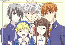 1girl 5boys amyemk black_hair blonde_hair border brown_eyes brown_hair facing_viewer fruits_basket green_eyes grey_hair honda_tooru long_hair looking_at_viewer multicolored_hair multiple_boys orange_eyes orange_hair short_hair sohma_hatsuharu sohma_kyou sohma_momiji sohma_yuki white_background yellow_border