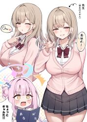 Rule 34 | 2girls, absurdres, black skirt, blue archive, blush, bow, bowtie, breasts, brown hair, cardigan, chibi, chibi inset, collared shirt, female sensei (blue archive), hair bun, halo, highres, large breasts, long hair, mika (blue archive), multiple girls, open mouth, pink cardigan, pink hair, pleated skirt, red bow, red bowtie, school uniform, sensei (blue archive), shirt, skirt, speech bubble, suzutarou gunsou, sweatdrop, translation request, white shirt, yellow eyes