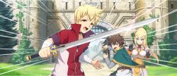 1girl 2boys armor bandaged_arm bandages belt belt_buckle black_gloves blonde_hair blue_eyes boobplate breastplate brown_belt brown_hair buckle cape choker darkness_(konosuba) dust_(konosuba) game_cg gloves green_cape green_eyes hair_ornament high_ponytail highres holding holding_sword holding_weapon jacket kono_subarashii_sekai_ni_shukufuku_wo! konosuba!_fantastic_days long_hair long_sleeves looking_at_another looking_at_viewer mole mole_under_eye multicolored_jacket multiple_boys neck_ribbon official_art open_mouth pauldrons ponytail ponytail_with_braided_base red_eyes red_jacket red_ribbon ribbon satou_kazuma serious shirt short_hair shoulder_armor sidelocks single_pauldron sleeves_rolled_up sword two-tone_jacket v-shaped_eyebrows weapon white_jacket white_shirt wispy_bangs x_hair_ornament