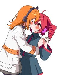 a.i._voice adachi_rei ahoge blush closed_eyes cowboy_shot detached_sleeves drill_hair grey_shirt grey_skirt grey_sleeves hand_up highres hug jacket kasane_teto kiss long_sleeves orange_hair red_eyes red_hair shirt simple_background skirt sleeveless sleeveless_shirt standing twin_drills utau vvv_fnk white_background white_jacket yuri