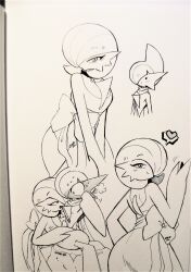 Rule 34 | 1boy, 1girl, absurdres, artist name, blush, bob cut, bow, dress, dress bow, gallade, gardevoir, gen 3 pokemon, gen 4 pokemon, hair over one eye, heart, highres, multiple views, nintendo, photo (medium), pokemon, pokemon (creature), rock, scarf, signature, simple background, sitting, smile, superiordutchsauce, sweat, traditional media