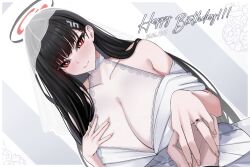 1girl 1other alternate_costume bare_shoulders black_hair blue_archive blush breasts bridal_veil cleavage closed_mouth dress hair_behind_ear hand_on_own_chest highres holding_hands jewelry large_breasts lengkuass long_hair looking_at_viewer pov red_eyes ring rio_(blue_archive) smile veil wedding_dress white_dress white_veil