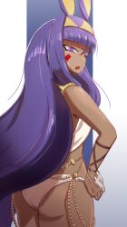 1girl animal_ears ass back belly_chain bracelet breasts dark-skinned_female dark_skin earrings facepaint facial_mark fate/grand_order fate_(series) hairband halterneck highres hoop_earrings jackal_ears jewelry long_hair looking_at_viewer looking_back medium_breasts nerfechi nitocris_(fate) open_mouth purple_eyes purple_hair sidelocks thighs usekh_collar very_long_hair