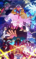 1girl 6+boys absurdres bartholomew_kuma beard belt black_hair blonde_hair blue_skin boa_hancock border breasts buggy_the_clown cape chain cleavage clown colored_skin costume crocodile_(one_piece) cuffs devil_fruit donquixote_doflamingo dracule_mihawk edward_weevil english_text epic everyone expressionless facial_hair fat fat_man feather_trim full_body gecko_moria grin hat highres holding holding_sword holding_weapon hook hook_hand jacket jinbe_(one_piece) large_breasts long_hair manly marshall_d._teach mature_male monster_boy multiple_boys neon_lights obese one_piece open_clothes open_jacket pale_skin pelvic_curtain pirate_hat purple_hair salome_(one_piece) sash screencap shadow sharp_teeth short_hair size_difference smile snake standing sunglasses sword teeth third-party_edit title tongue trafalgar_law tusks very_long_hair water weapon wide_hips yoru_(one_piece)
