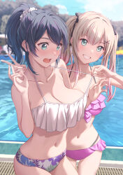 2girls bikini bikini_pull black_hair blonde_hair blue_eyes blurry blurry_background blush breasts cleavage clothes_pull collarbone commentary_request cowboy_shot floral_print frilled_bikini frills highres large_breasts long_hair looking_at_viewer medium_breasts mismatched_bikini multiple_girls navel original pink_bikini ponytail shamakho smile swimsuit twintails uruka_(kenzen_kanojo_uruka-chan) v water
