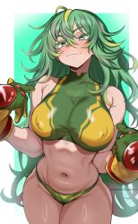 Rule 34 | 1girl, absurdres, bikini, boku no hero academia, breasts, covered erect nipples, deku&#039;s photo of hagakure toru, gloves, green bikini, green eyes, green gloves, green hair, hagakure toru, harutoyumaarts, highres, large breasts, long hair, looking at viewer, multicolored bikini, navel, pointing, pointing at self, puffy nipples, solo, swimsuit, two-tone bikini, very long hair, yellow bikini