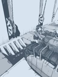 1girl blazer caterpillar_tracks closed_mouth empty_eyes hamsterfragment hand_up holding holding_rope jacket jaggy_lines loafers long_sleeves medium_hair monochrome neck_ribbon no_pupils original over-kneehighs pleated_skirt pulling ribbon rope school_uniform shoes skirt solo suicidal_girl_(hamsterfragment) thighhighs vehicle_request wheel wide_shot winch