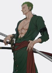 Rule 34 | 1boy, abs, absurdres, bandana around arm, cowboy shot, earrings, glint, green hair, green kimono, hand on own hip, haramaki, highres, japanese clothes, jewelry, kimono, male focus, one piece, profile, red sash, rokurnshu003, roronoa zoro, sash, scar, scar across eye, scar on chest, scar on face, short hair, sideburns, simple background, smile, solo, sword, veins, weapon