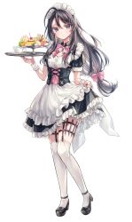 1girl black_dress black_hair black_shoes bow bowtie breasts cake cleavage cover cover_image cup dress floating_hair food frilled_dress frills fruit full_body hair_between_eyes hair_bow highres kimishima_ayano long_hair looking_at_viewer maid mary_janes medium_breasts official_art over-kneehighs parted_bangs pink_bow pink_bowtie purple_eyes shoes short_sleeves simple_background small_breasts solo standing teacup tenacitysaho thighhighs tokidoki_bosotto_roshia-go_de_dereru_tonari_no_alya-san tray very_long_hair white_background white_thighhighs white_wrist_cuffs wrist_cuffs
