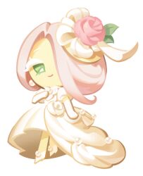 1girl bride colored_eyelashes cookie_run cookie_run:_kingdom dress earrings fascinator flower food-themed_clothes food_as_clothes full_body game_cg green_eyes hair_over_one_eye icing icing_trim jewelry leaf looking_at_viewer medium_hair official_art pearl_earrings pink_hair red_flower red_rose rose shoes simple_background smile solo third-party_source transparent_background wedding_cake_cookie wedding_dress white_dress white_eyelashes white_shoes