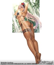 1girl 20s absurdres arm_behind_head armpits arms_behind_head arms_up artist_name ass ass_focus bad_anatomy bathing bikini black_bikini black_choker blush bow breasts choker copyright_name covered_erect_nipples cuboon curvy dark-skinned_female dark_elf dark_skin elf elmina_(evertale) evertale eyebrows_hidden_by_hair female_focus floating_hair flower from_behind full_body gold_trim green_background hair_flower hair_ornament hibiscus highres huge_ass kneepits large_breasts leaf lens_flare light_smile logo long_eyebrows long_hair looking_at_viewer makeup mascara navel o-ring o-ring_bikini obliques official_alternate_costume official_art outdoors parted_lips pink_hair pinup_(style) pointy_ears purple_eyes purple_flower red_flower sideboob simple_background skindentation solo sunlight swimsuit thick_thighs thigh_strap thighs thong_bikini tiptoes toes toned toned_female toned_stomach twisted_torso underboob water waterfall wet white_background wide_hips