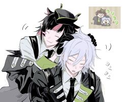Rule 34 | 2boys, :t, black gloves, black hair, black hat, black jacket, black necktie, blush, blush stickers, closed eyes, collared shirt, colored inner hair, father and son, flipped hair, gloves, grey hair, hat, highres, jacket, lilia vanrouge, male focus, messy hair, multicolored hair, multiple boys, necktie, petting, pink eyes, pink hair, salttt twst, screenshot inset, shirt, short hair, silver vanrouge, simple background, twisted wonderland, upper body, white background, white shirt