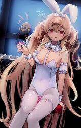 1girl animal_ears azur_lane bar_(place) black_hair blonde_hair breasts covered_navel dated fake_animal_ears hair_between_eyes highres katura18sanc18 leotard long_hair looking_at_viewer manjuu_(azur_lane) multicolored_hair nipple_slip nipples official_alternate_costume oversized_clothes pantyhose parted_lips petite playboy_bunny rabbit_ears red_eyes signature sitting small_breasts streaked_hair thigh_strap very_long_hair white_leotard white_pantyhose z9_(azur_lane) z9_(teary_cocktail)_(azur_lane)