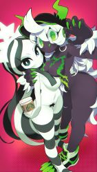 2girls @_@ absurdres black_eyes black_hair black_skin bodypaint breasts claws colored_skin colored_tongue convenient_censoring crown fur fur_trim gashi-gashi green_eyes green_tongue hair_over_one_eye hat highres long_hair monster_energy monster_energy-chan multicolored_hair multiple_girls naked_paint navel nude pointy_ears product_girl pubic_hair shoes smile spiral starbucks starbucks_siren stb-chan striped_legwear wavy_hair white_hair white_skin