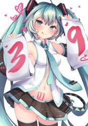 1girl 39 absurdres ahoge aqua_eyes aqua_hair aqua_nails aqua_necktie armpits black_skirt blush boots breasts closed_mouth collared_shirt detached_sleeves hair_between_eyes hair_ornament hatsune_miku heart heart-shaped_pupils highres long_hair long_sleeves looking_at_viewer medium_breasts midriff miniskirt navel necktie number_tattoo pleated_skirt shirt sideboob simple_background skirt sleeveless sleeveless_shirt smile solo stomach symbol-shaped_pupils tattoo thigh_boots thighhighs twintails very_long_hair vocaloid white_background wide_sleeves xiaodai_lonely zettai_ryouiki