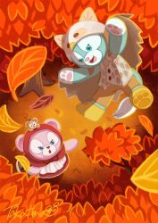 1girl 2boys animal_ears bear_ears cat_ears duffy_and_friends duffy_the_disney_bear full_body furry furry_female furry_male gelatoni highres long_sleeves looking_at_viewer multiple_boys shelliemay shirt smile standing stuffed_animal stuffed_toy takatmaorange