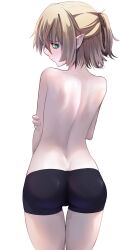 1girl 4rdilla absurdres alternate_costume ass back black_shorts blonde_hair blush closed_mouth commentary cowboy_shot english_commentary from_behind green_eyes hair_between_eyes highres holding_own_arm looking_at_viewer looking_back mizuhashi_parsee pointy_ears short_hair short_shorts shorts shy solo standing topless_female touhou