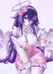 1girl art_ethna bow bowtie braid breasts choker cleavage closed_mouth colored_skin corrupted_twitter_file crossed_bangs dress eyelashes facial_mark floral_print flower grey_skin hair_between_eyes hair_bow hair_ornament heart heart_hair_ornament heart_necklace highres indie_virtual_youtuber jewelry lips long_hair long_sleeves megalodon_(vtuber) necklace pink_bow pink_bowtie pink_choker pink_dress pink_ribbon purple_eyes purple_hair purple_nails ribbon rose_print solo twitter_username virtual_youtuber whisker_markings
