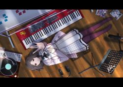 1girl absurdres arm_up awa_subaru black_ribbon brown_hair cd_case commentary dress ebizuka_tomo english_commentary from_above full_body girls_band_cry headphones headphones_removed highres instrument jacket keyboard_(instrument) letterboxed looking_at_viewer lying medium_hair microphone music_stand nanoram neck_ribbon no_shoes on_back open_clothes open_jacket pantyhose parted_lips phonograph pink_jacket purple_pantyhose red_eyes ribbon rupa_(girls_band_cry) solo white_dress wooden_floor