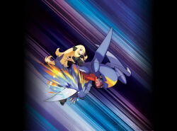 Rule 34 | 1girl, :o, black coat, black collar, black pants, black shoes, blanco026, blonde hair, coat, collar, cynthia (pokemon), floating hair, fur-trimmed coat, fur collar, fur trim, garchomp, gen 4 pokemon, hair ornament, hair over one eye, highres, long hair, long sleeves, looking at viewer, nintendo, official art, open mouth, outstretched arm, pants, pokemon, pokemon (creature), pokemon dppt, pokemon tcg, second-party source, shoes