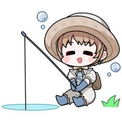1girl =_= androgynous animal_print artist_request backpack bag blue_arm_warmers blue_boots blue_shirt blush_stickers boots bow bowtie brown_bag brown_hair brown_hat bubble chibi collared_jacket diamond_earrings earrings fish_print fishing fishing_rod frilled_jacket frills grass grey_jacket grey_pants happy hat holding holding_fishing_rod infinity_nikki jacket jewelry lowres nikki_(series) open_clothes open_jacket open_mouth pants puffy_short_sleeves puffy_sleeves rippling_serenity_(infinity_nikki) shirt short_hair short_sleeves single_earring sitting smile solo transparent_background white_bow white_bowtie
