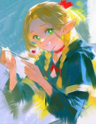 1girl absurdres blonde_hair blue_capelet blue_robe braid brush_stroke cake cake_slice capelet choker commentary curtained_hair dungeon_meshi eating elf food food_on_face fork green_eyes hair_ribbon highres holding holding_fork hood hooded_capelet long_hair looking_at_viewer marcille_donato nyte_tyde pointy_ears ponytail puffy_cheeks red_choker red_ribbon ribbon robe solo twin_braids upper_body wide_sleeves